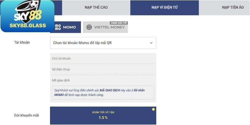 Nạp tiền Sky88 bằng hình thức ví điện tử